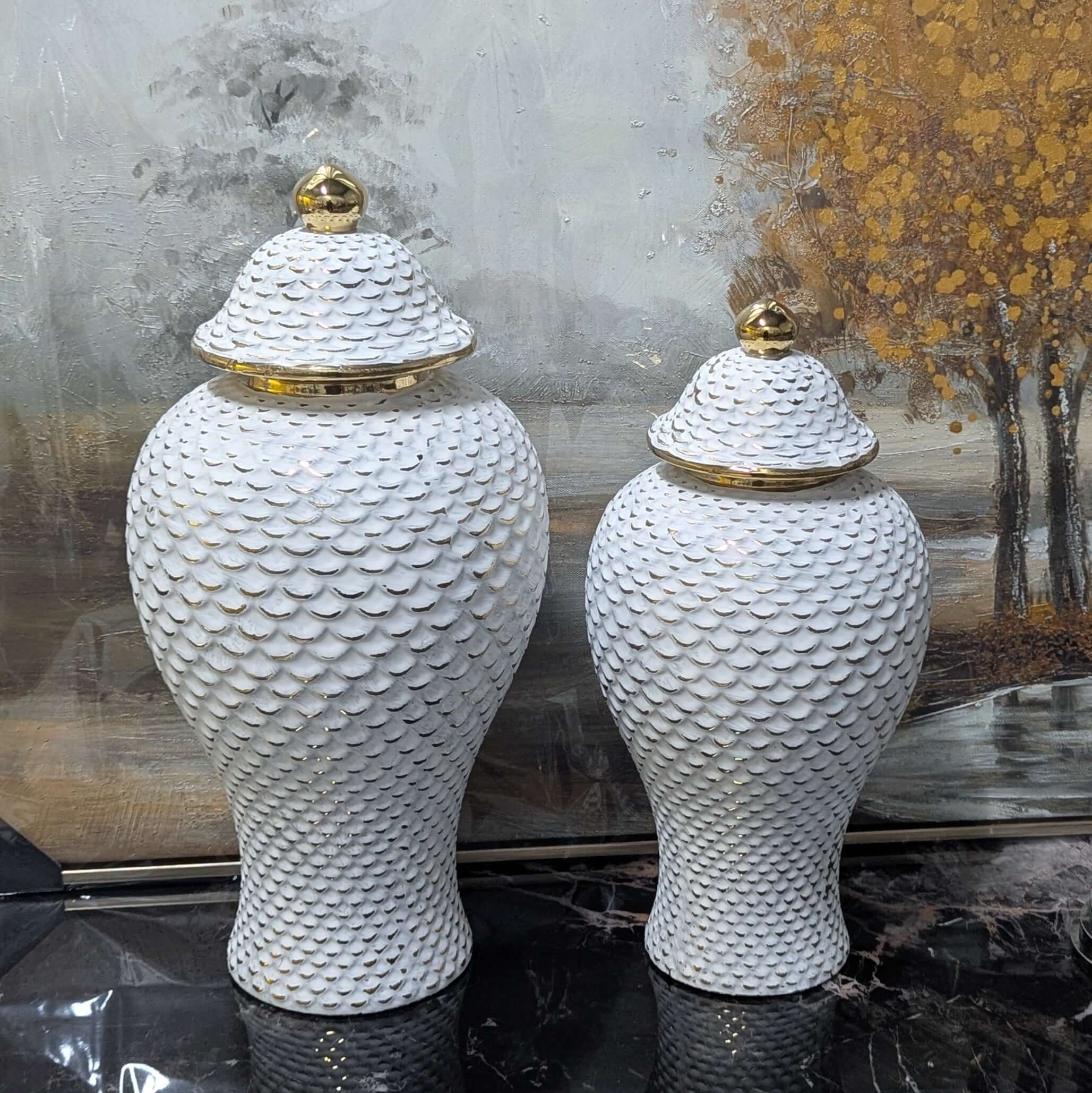 Elegant White and Gold Ginger Jar Set of Two