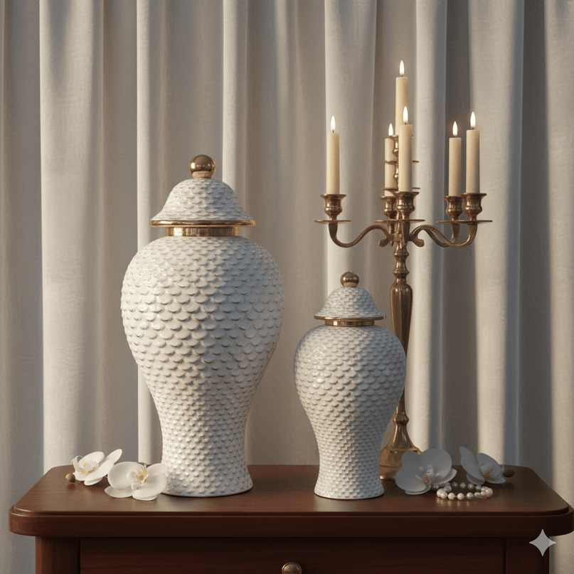 Elegant White and Gold Ginger Jar Set of Two
