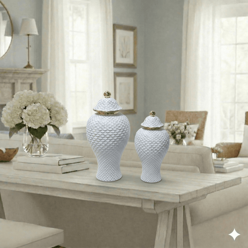 Elegant White and Gold Ginger Jar Set of Two
