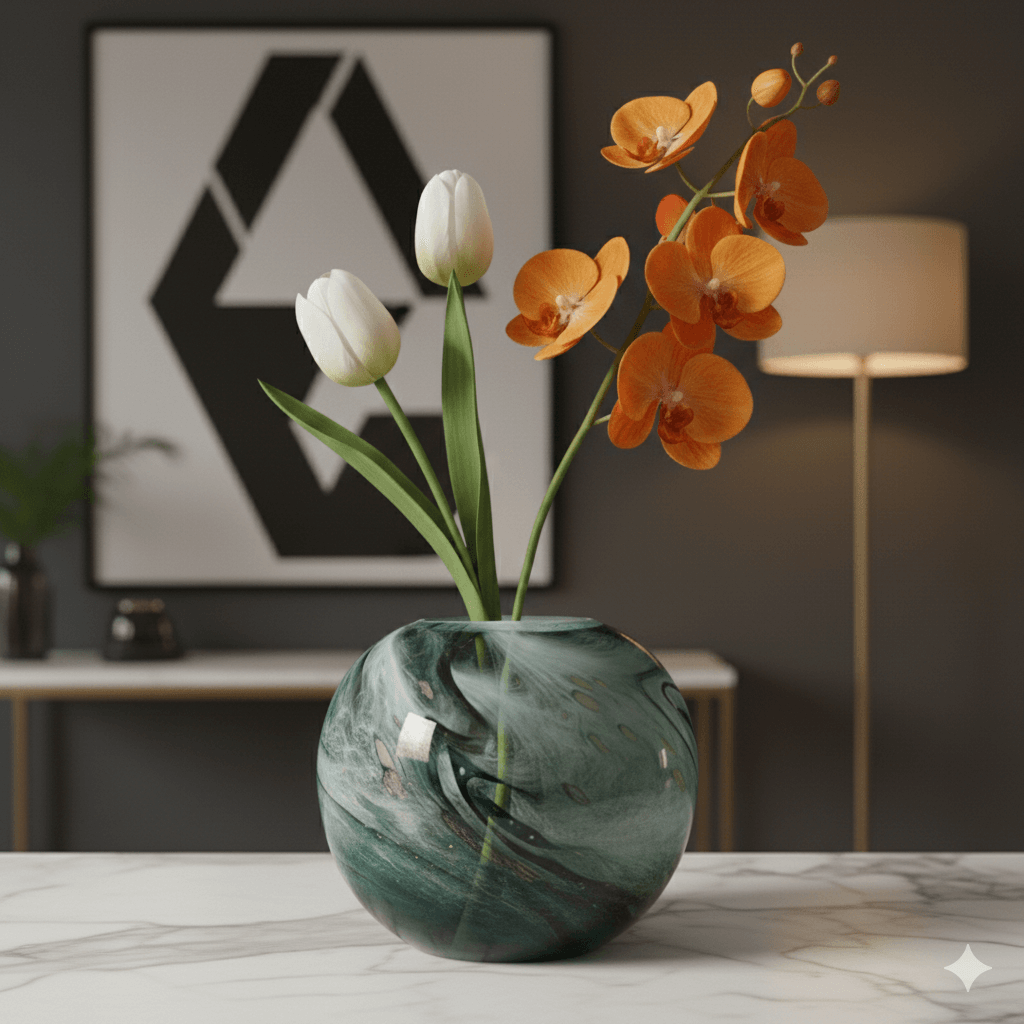 Faux Marble Glass Vase Blue Gold 28cm