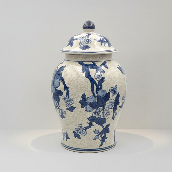 Vintage Blue White Blossom Motif Jar