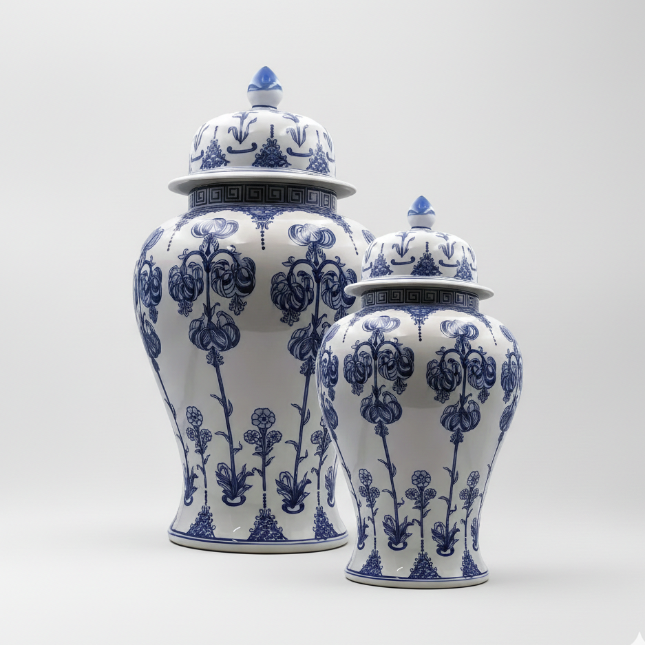 Hand-Painted Blue White Ginger Jar Set