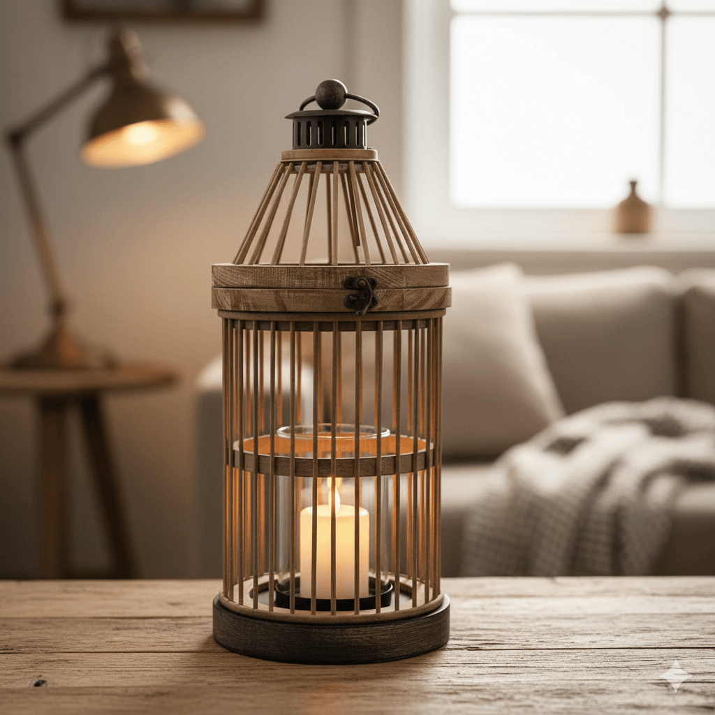 Tall Natural Wood Pillar Candle Lantern