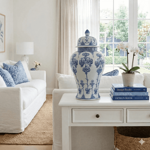 Timeless Blue White Ginger Jar Greek Key featuring intricate floral design on a white ceramic background in a coastal inspired living room.