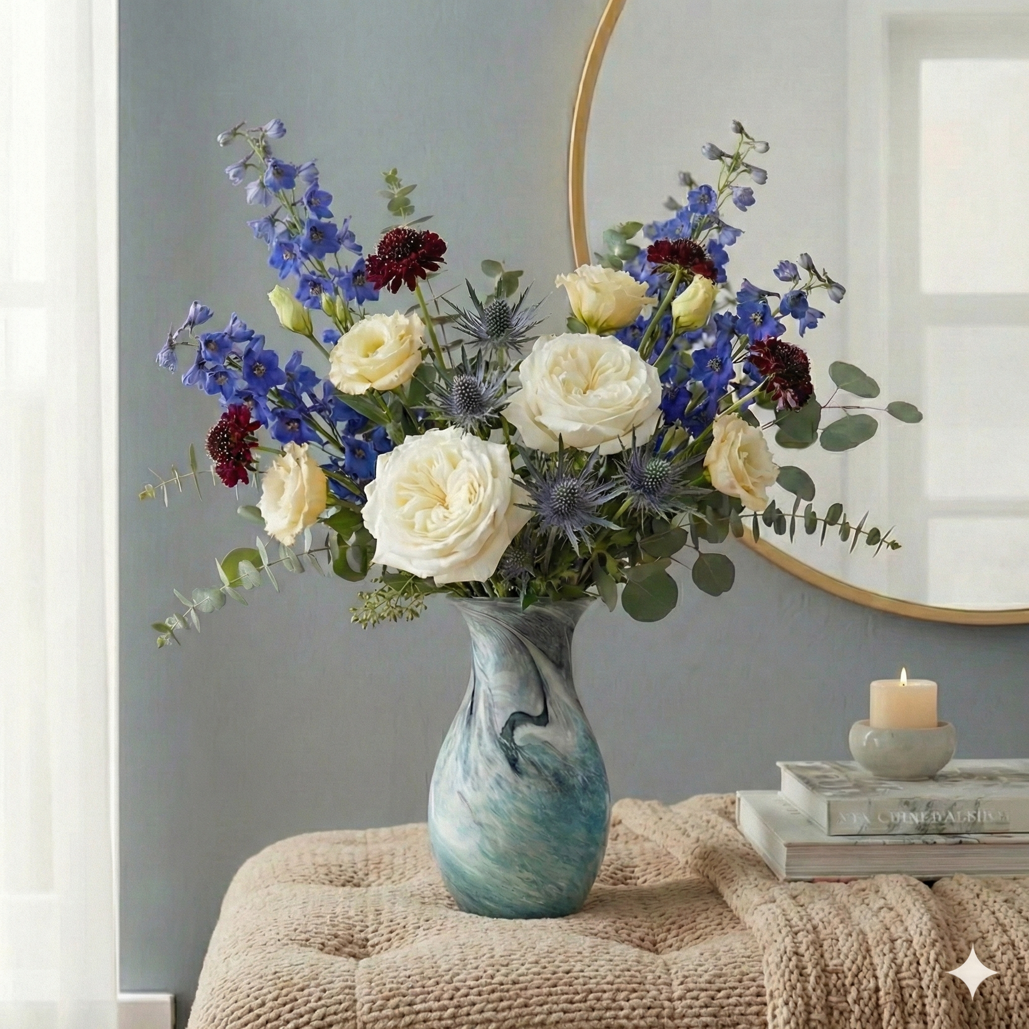 Oceanic Teal Marbled Ceramic Flared Vase 39cm