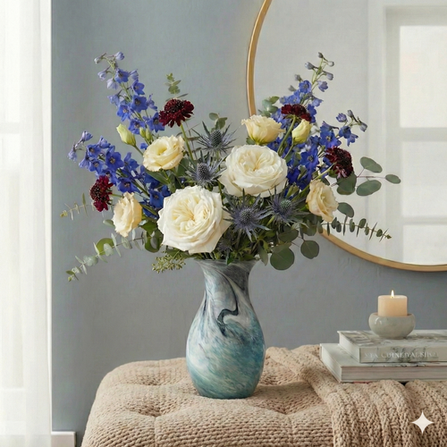 Oceanic Teal Marbled Ceramic Flared Vase 39cm