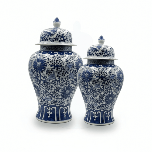 Vintage Blue & White Floral Ginger Jar Set