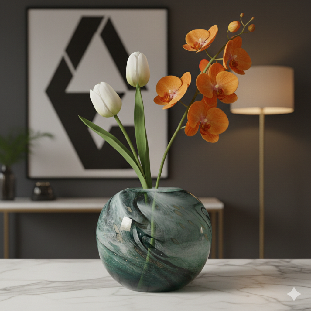 Faux Marble Glass Vase Blue Gold 28cm