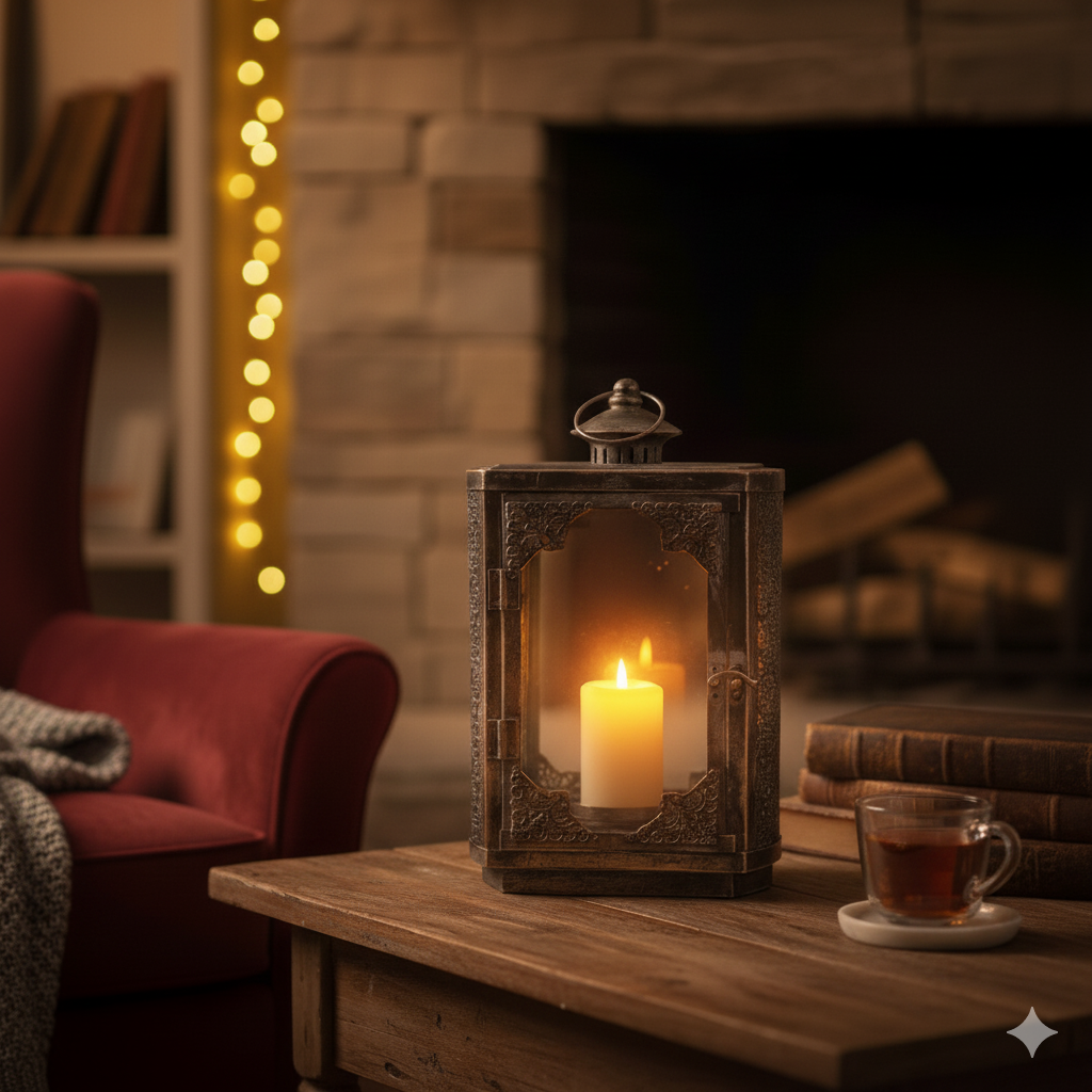 Arabesque Lantern Holder Rustic Gold Metal & Glass Lantern Holder