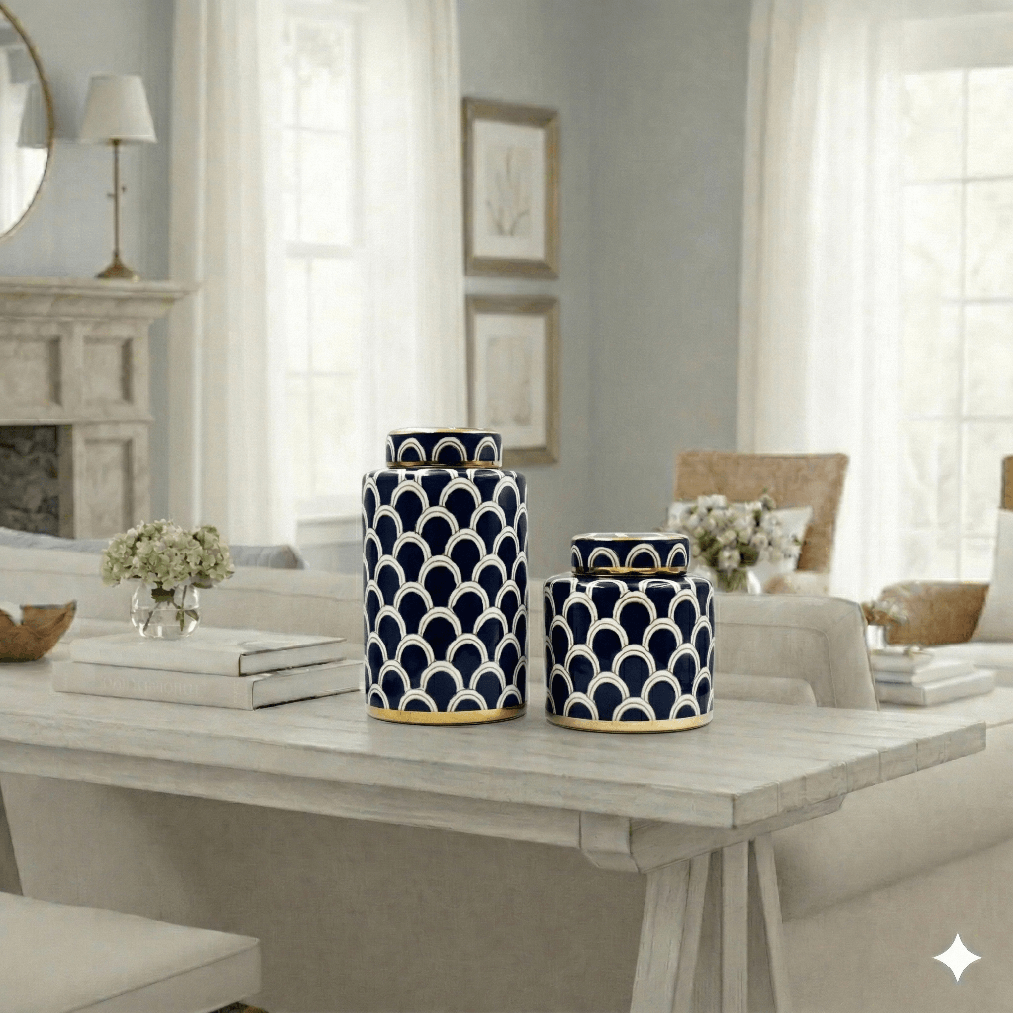 Coastal Navy Gold Scallop Jar Set