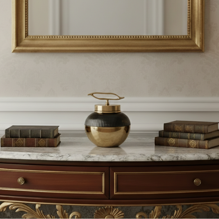 Gold Brown Mosaic Ceramic Jar Brass Accent