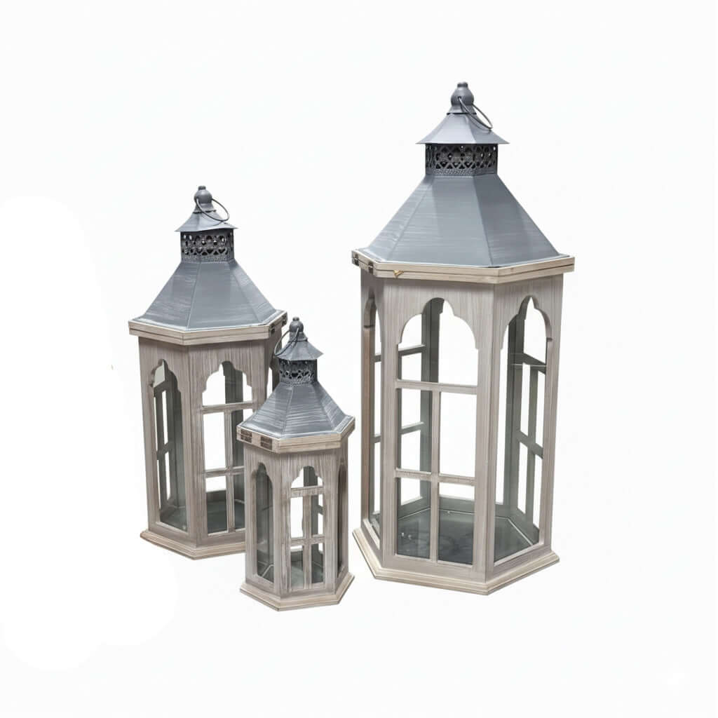 Rustic Wood Lantern Set Metal Accent