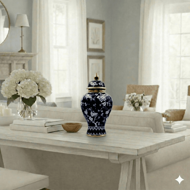 Chic Navy Gold Blossom Ceramic Ginger Jar