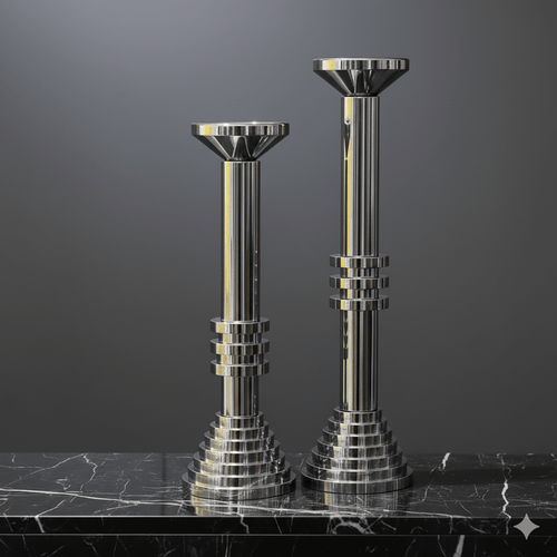 Modern Chrome Sculptural Candle Holder Set with tiered bases on marble surface