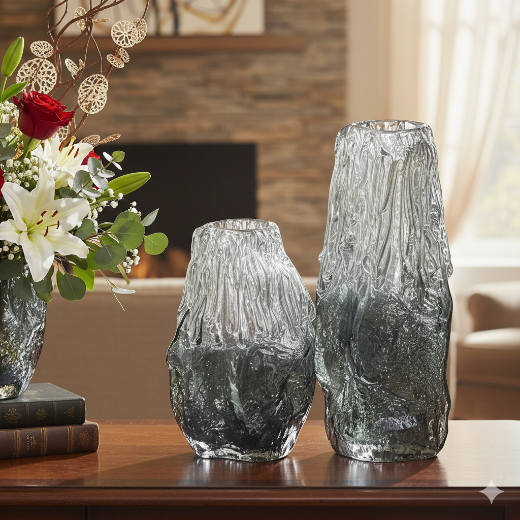 Artisan Hand Blown Smoked Glass Vase Set
