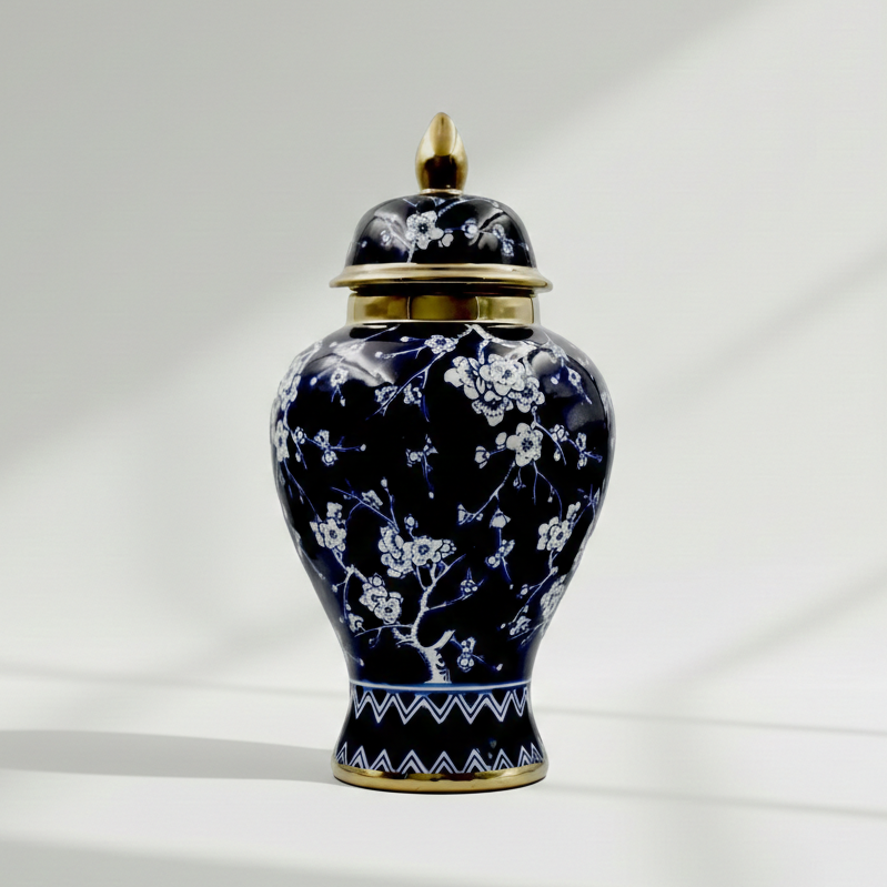 Chic Navy Gold Blossom Ceramic Ginger Jar