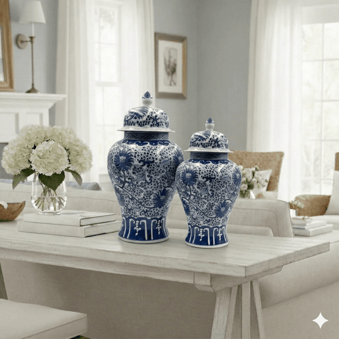 Vintage Blue & White Floral Ginger Jar Set