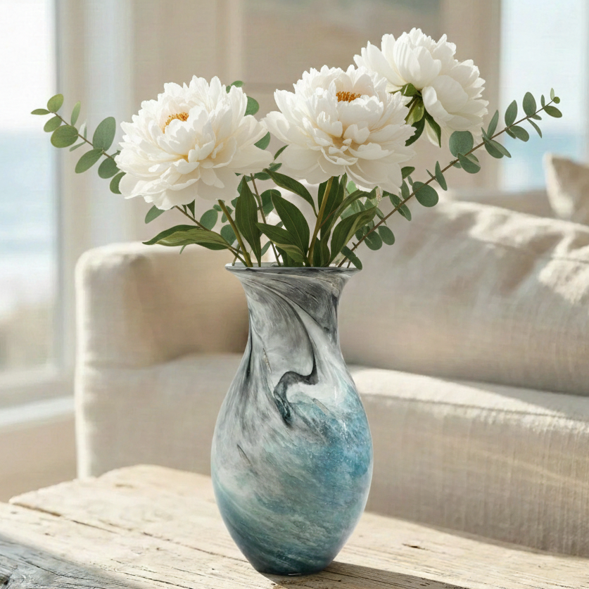 Oceanic Teal Marbled Ceramic Flared Vase 39cm