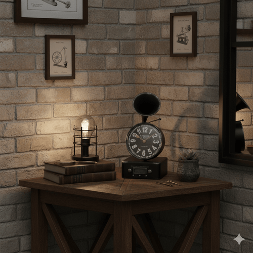 Antique Classic Black Gold Table Clock on a wooden table with vintage decor in a cozy living room setting.