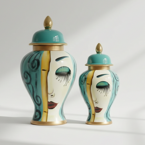 Large Art Deco Face Motif Ceramic Jar Set
