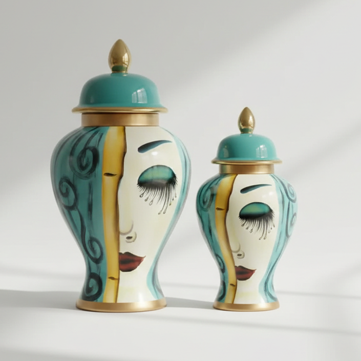 Large Art Deco Face Motif Ceramic Jar Set