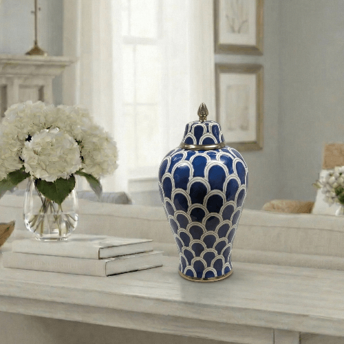 Navy Blue Scallop Ceramic Ginger Jar with Gold