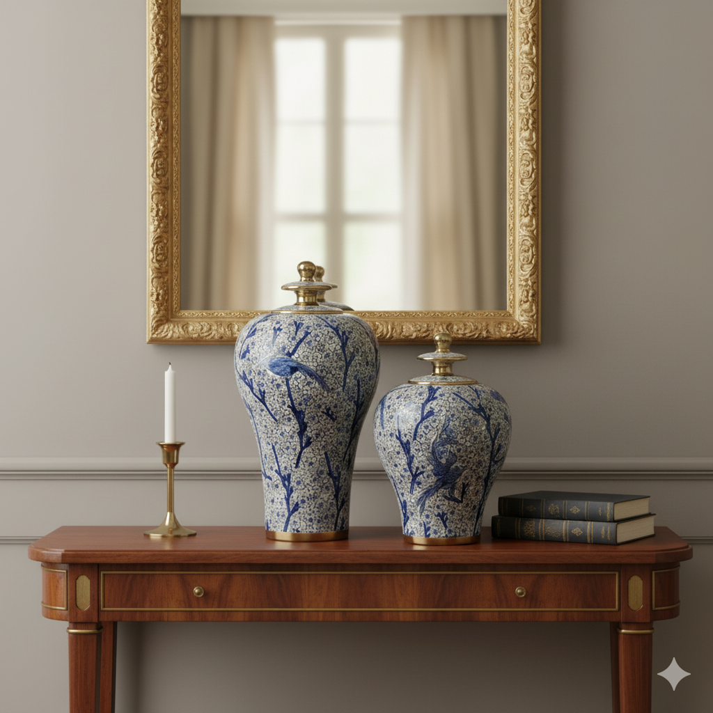 Vintage Blue Ginger Jar Set Hand-Painted Floral