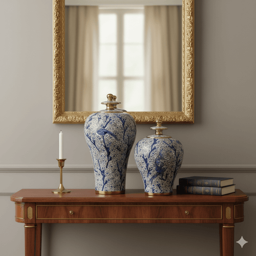 Hand-Painted Blue White Gold Ginger Jar Set