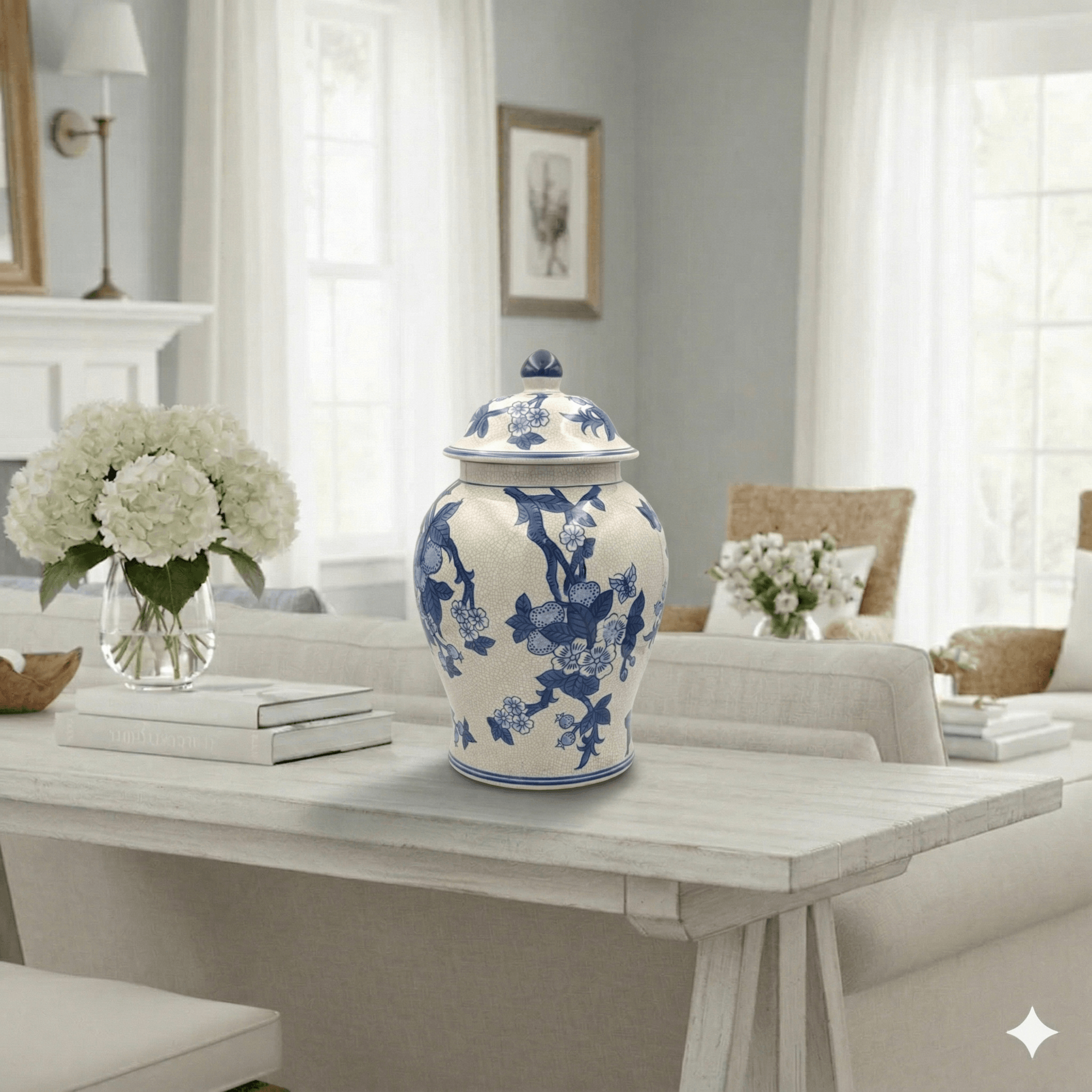 Vintage Blue White Blossom Motif Jar