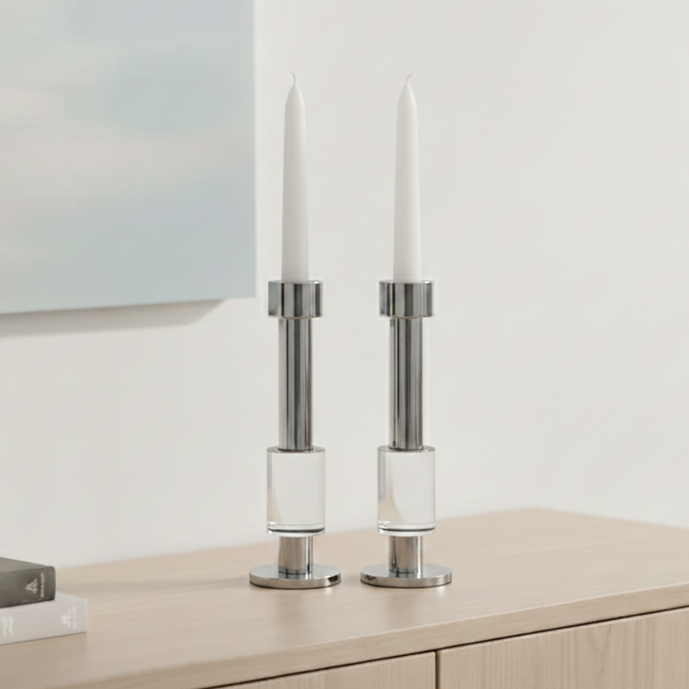 Modern Crystal & Chrome Candle Holder Pair