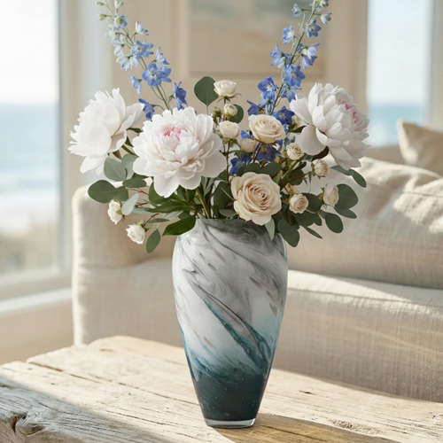 Tall Marble Glass Vase Green Blue Gold 38cm