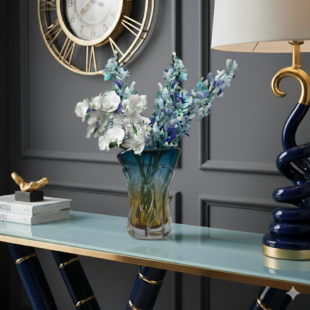 Boho Glass Vase Hand Blown – 27cm Blue & Yellow Murano Art Style