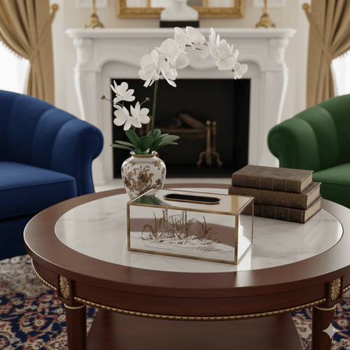 Mercury Champagne Mirrored Tissue Box on elegant wooden table with floral decor in luxurious living room setting.