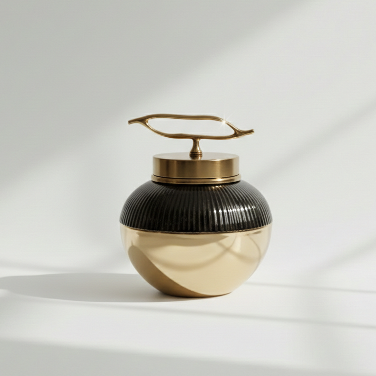 Gold Brown Mosaic Ceramic Jar Brass Accent