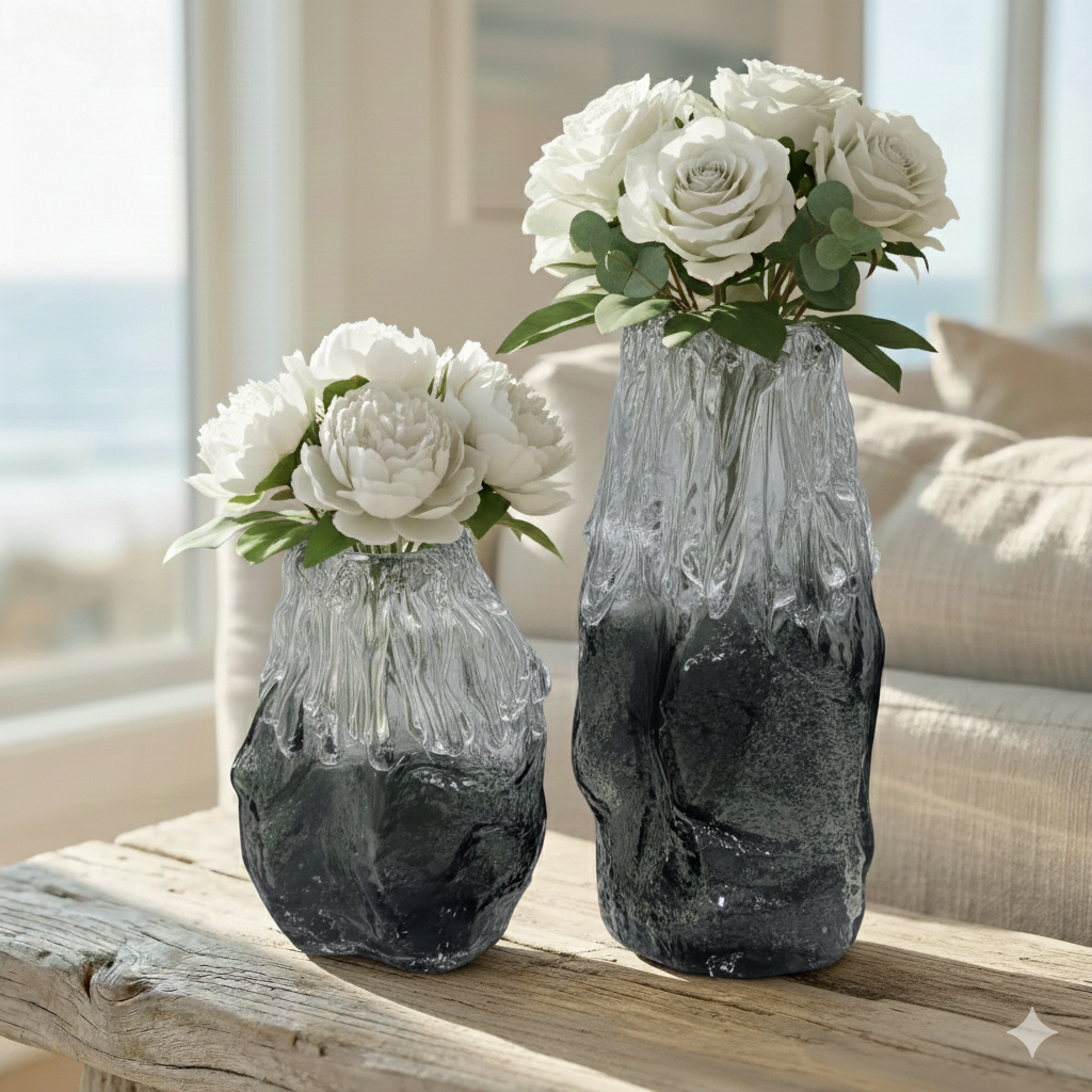 Artisan Hand Blown Smoked Glass Vase Set