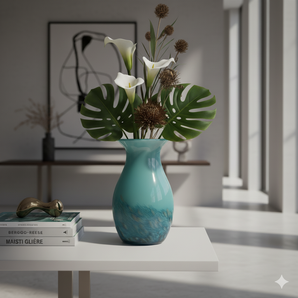 29cm Hand Blown Blue Green Art Vase