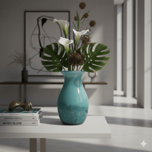 Blue Green Ocean Blown Art Glass Vase