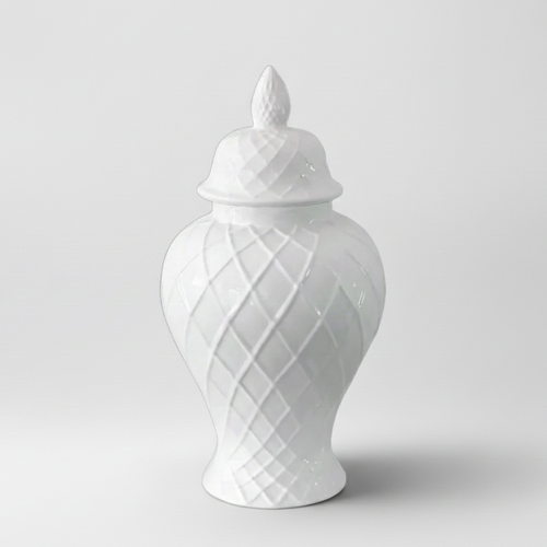 Bromley Diamond Pattern White Ceramic Jar