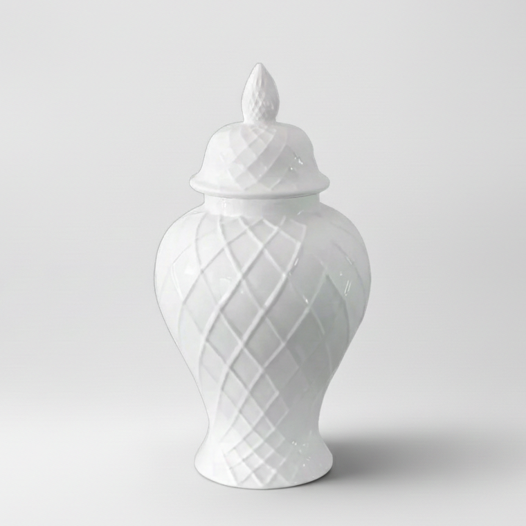 Bromley Diamond Pattern White Ceramic Jar