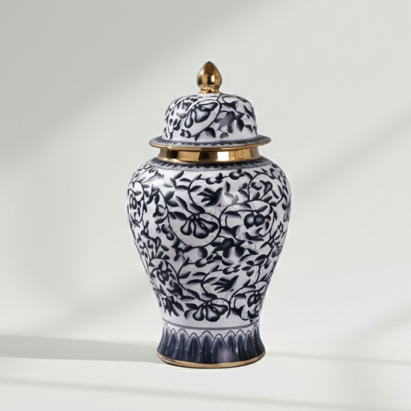 Handcrafted Navy Gold Motif Ceramic Jar