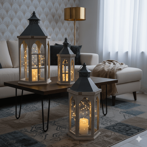 Rustic Wood Lantern Set Metal Accent displayed in a cozy living room with candles glowing inside, highlighting farmhouse decor style.