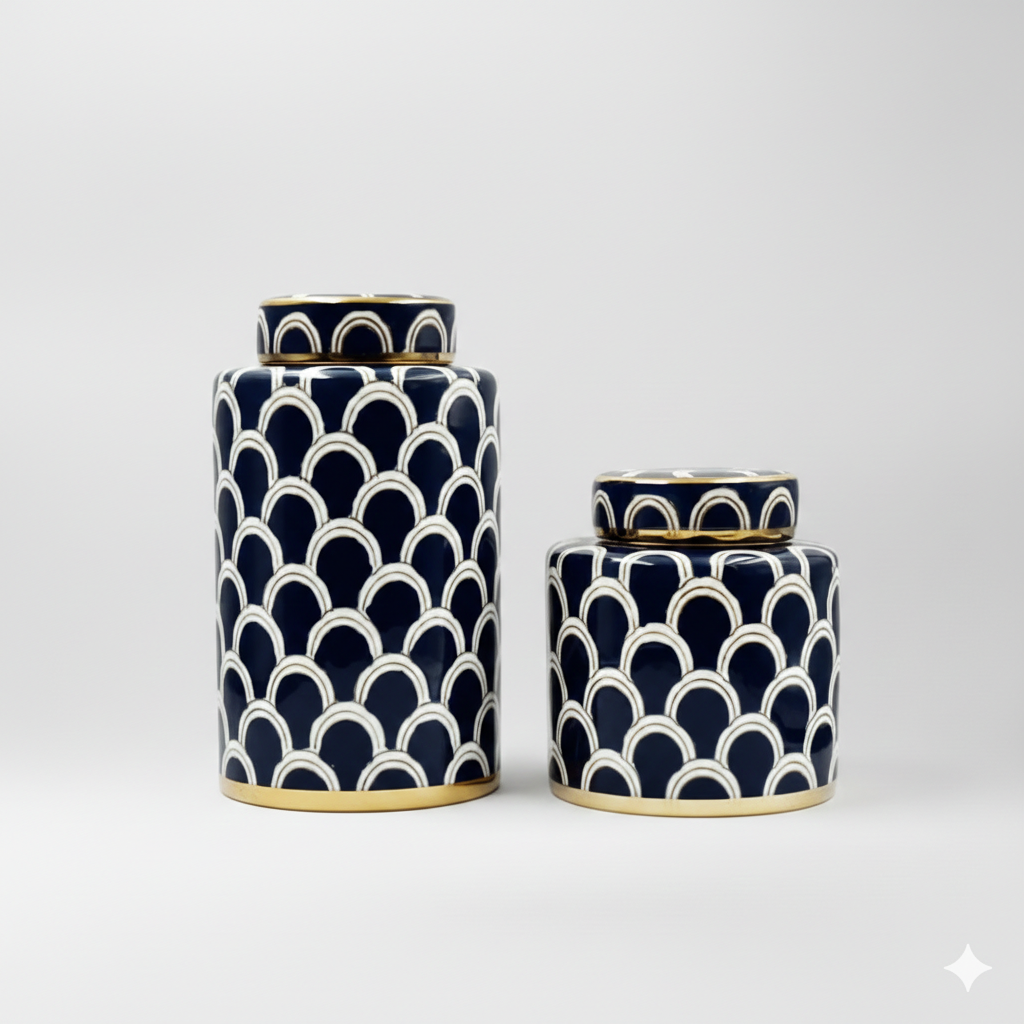 Coastal Navy Gold Scallop Jar Set