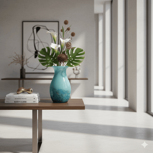 Blue Green Ocean Blown Art Glass Vase