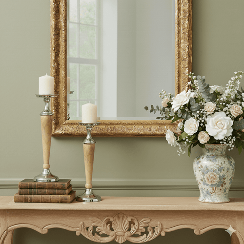 Atlas Modern Wood & Aluminium Candle Stick on decorative table with flowers