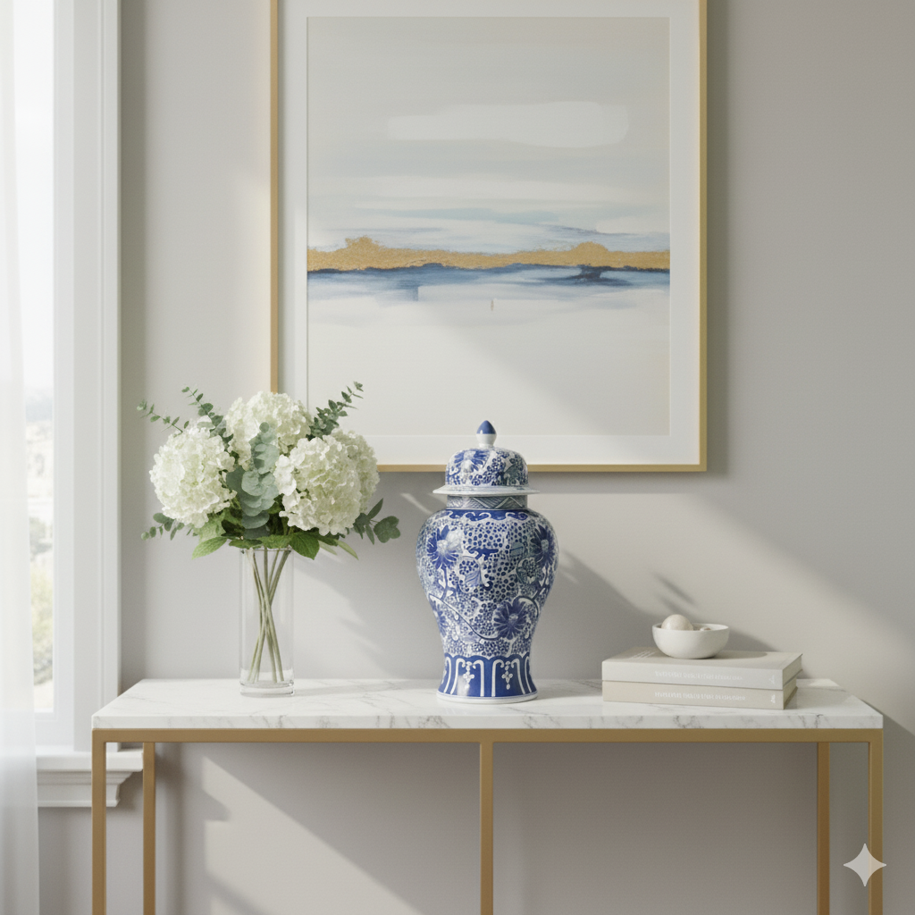 Antique Ginger Jar Blue White Floral Hand-Painted 46cm