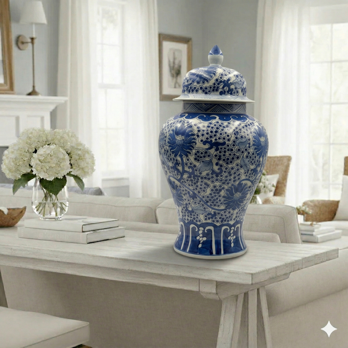 Hand-Painted Blue White Ginger Jar Large