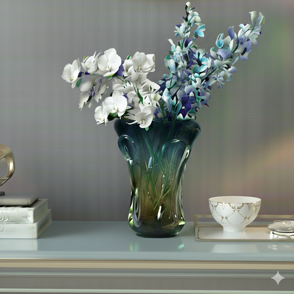 Boho Glass Vase Hand Blown – 27cm Blue & Yellow Murano Art Style