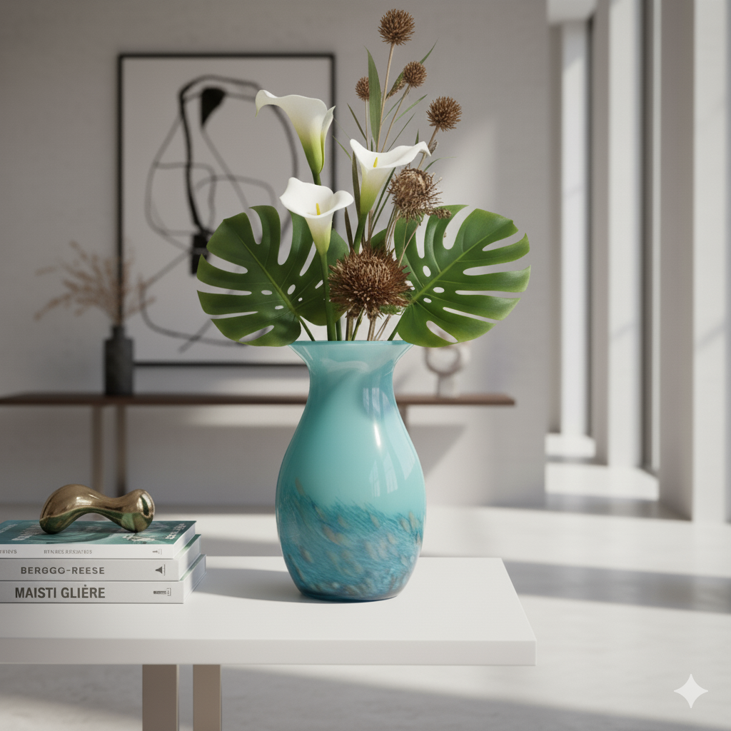 29cm Hand Blown Blue Green Art Vase