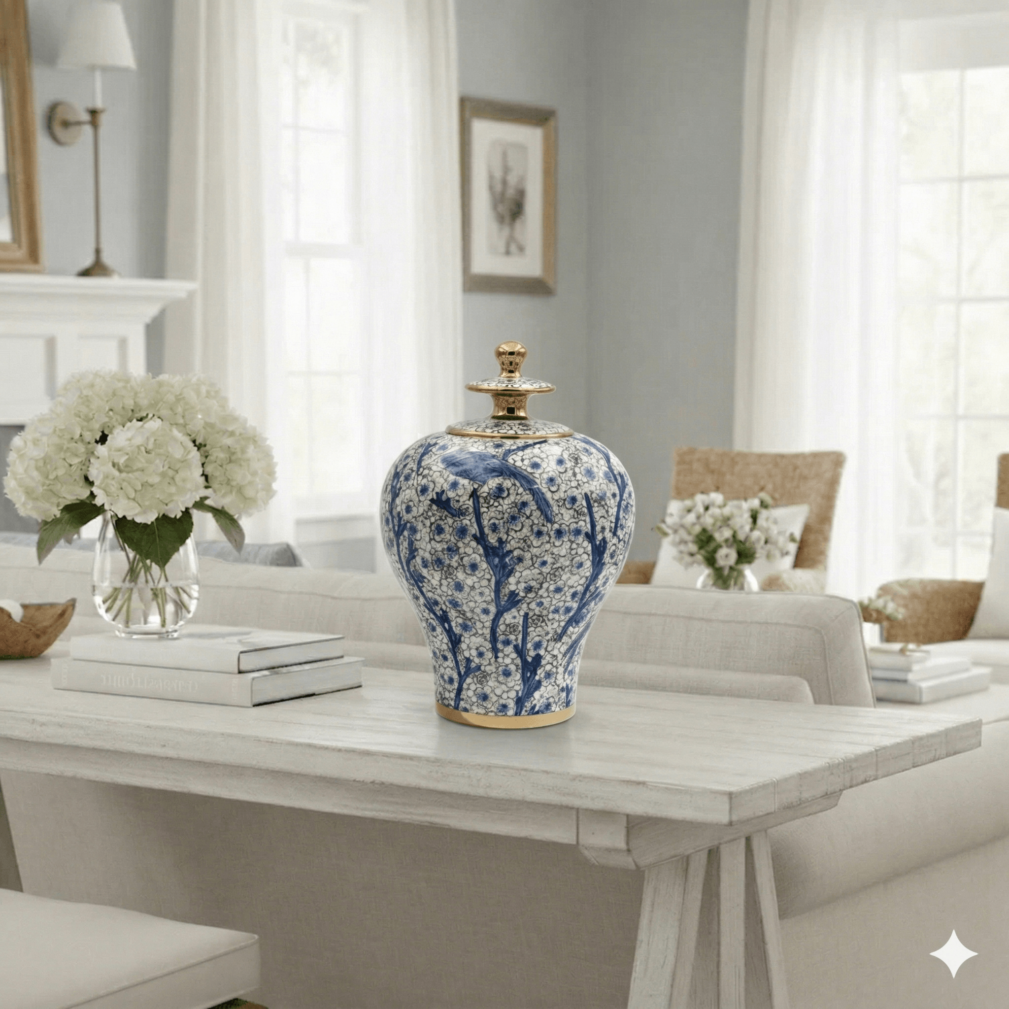 Hand-Painted Blue Bird Floral 30cm Jar