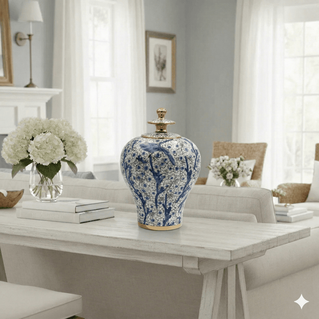 Hand-Painted Blue Bird Floral 30cm Jar